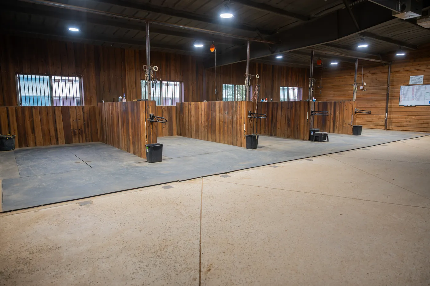 Wood-partitioned grooming stalls at Franklin Farm, with cross-ties, rubber matting, and windows along the far wall.